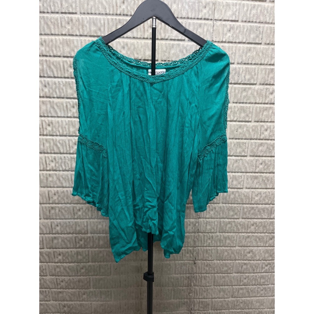 Westport Womens Teal Green Crochet Lace Cold Shoulder Bell Sleeve Blouse Large